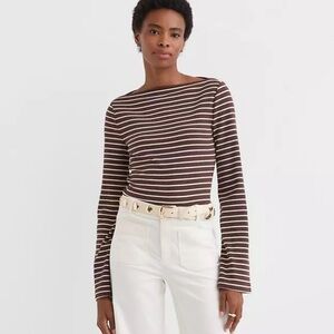 LOFT Women's Chocolate Cream Striped Ribbed Flare Long Sleeve Top Size Medium